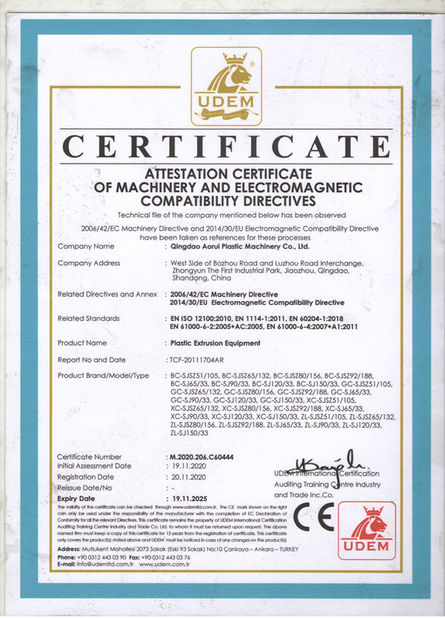 Chiny QINGDAO AORUI PLASTIC MACHINERY CO.,LTD1 Certyfikaty